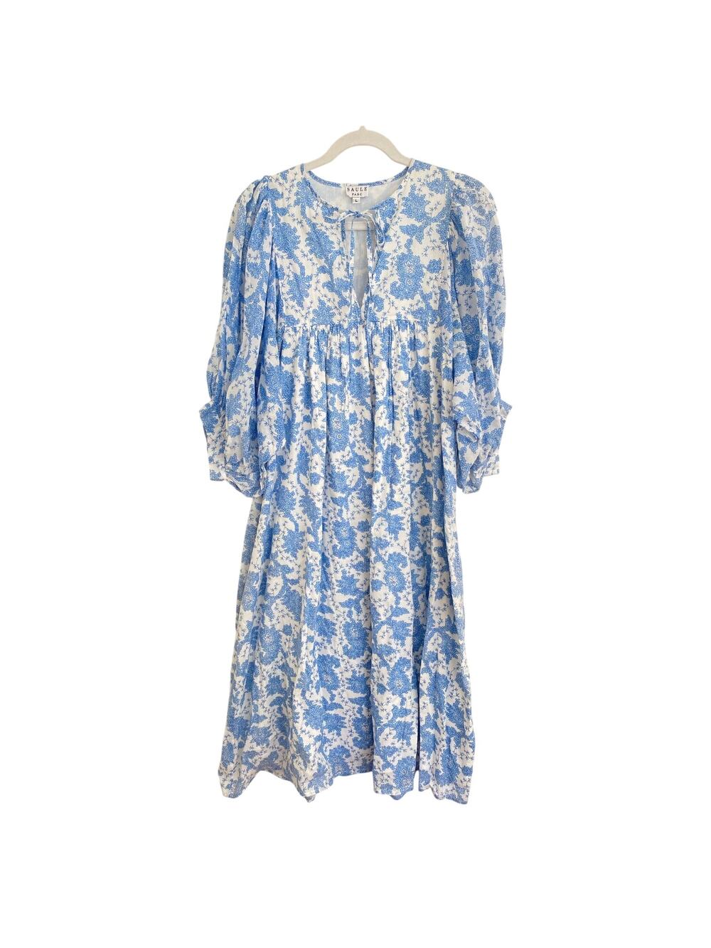 Saule Parc Tuckernuck Blue Floral Block Print Midi Peasant Cottage Dress L